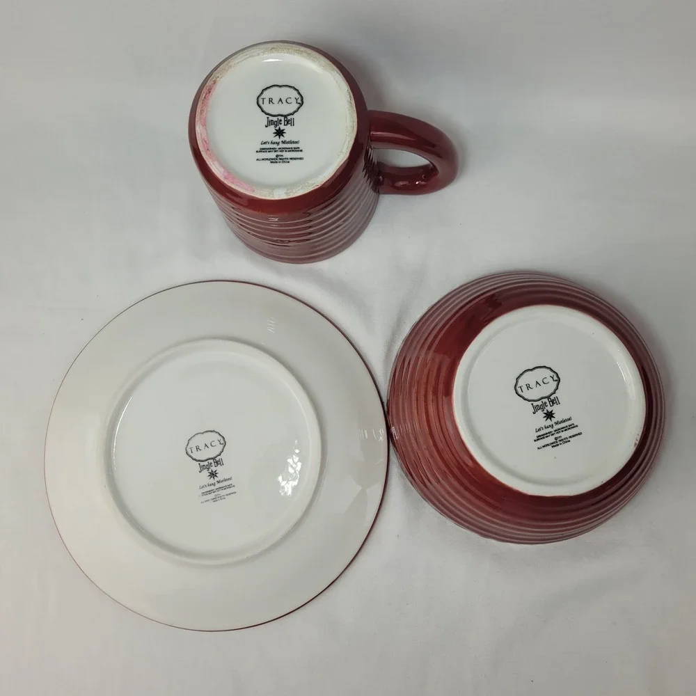 Tracy Porter Jingle Bell Snowman Red 3pc Set Plate Bowl Mug Christmas Ceramic